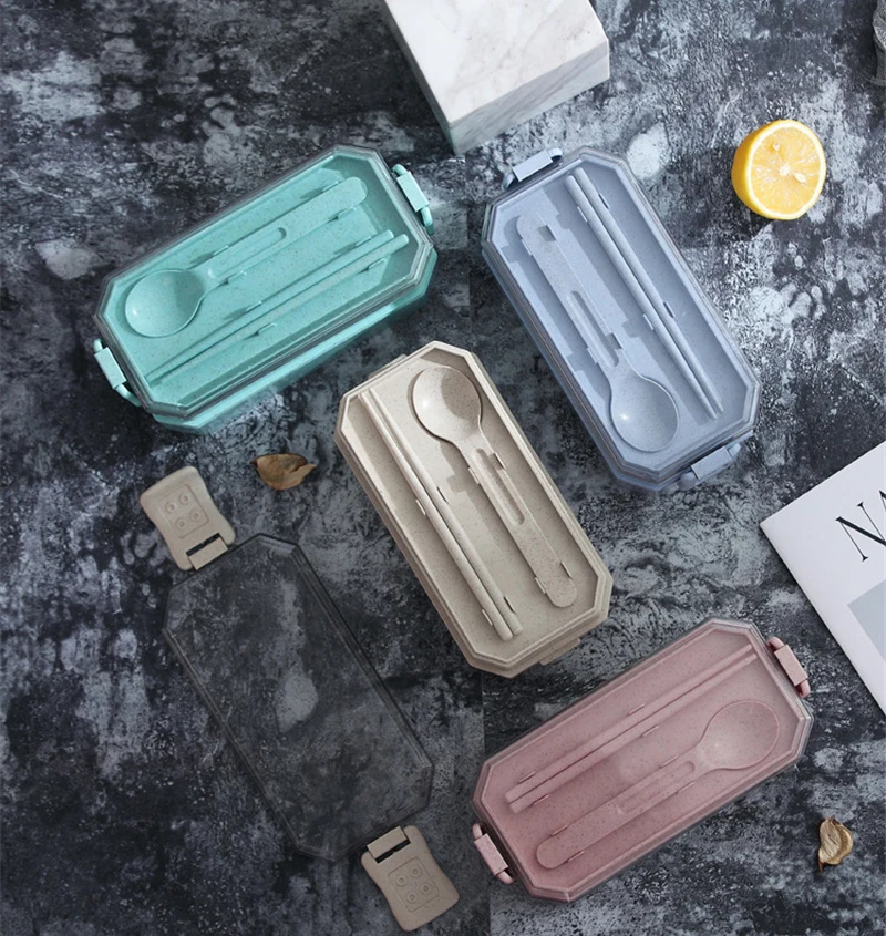 800ml Wheat Straw Double Layers Lunch Box With Spoon Healthy Material Bento Boxes Microwave Food Storage Container Lunchbox