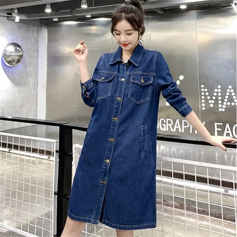 

Plus Size Women Style Long Section Vintage Jean Jacket Pockets New 2019 Autumn Winter Loose Denim Casual Coat
