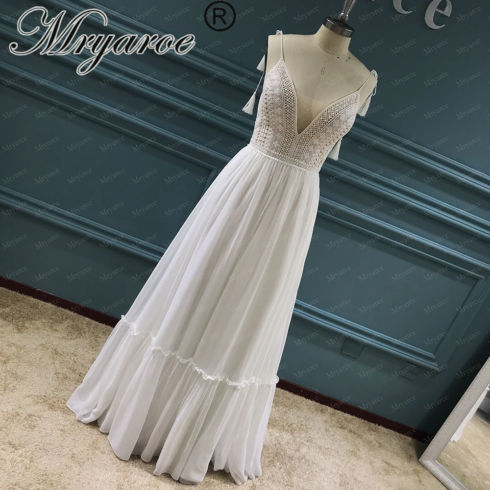 Mryarce 2020 New Boho Chic Lace Wedding Dress Open Back Flowy Chiffon Bridal Gowns  (4)