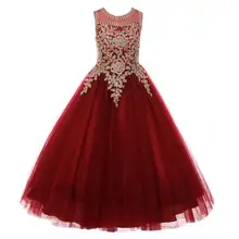 Red Flower Girls Dresses with Golden Appliques Beaded A Line Tulle Sheer Junior Wedding Party Dress Formal Girl Wear