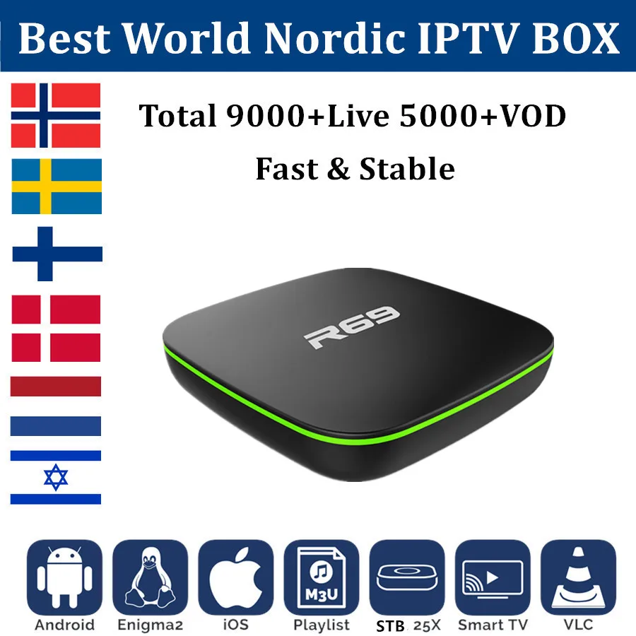 

R69 IPTV Box Android 7.1 +Nordic iptv subscription for Europe Sweden Norway Finland Isreal Netherlands IPTV M3U android tv box
