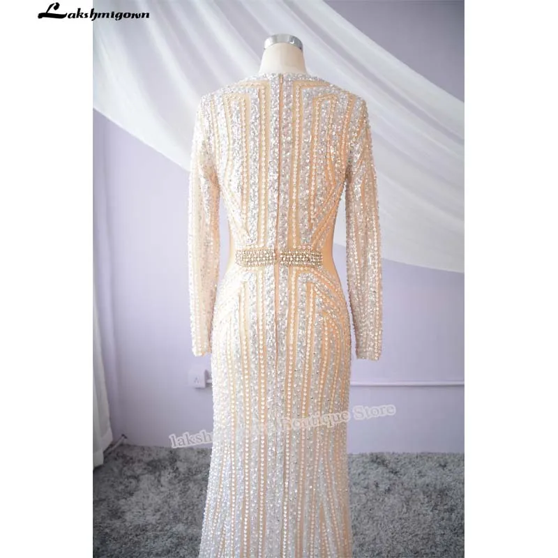 Lakshmigown Роскошные с блестящими кристаллами Русалка вечернее платье с длинным рукавом Сексуальная Иллюзия V шеи бисер длинное платье выпускного вечера Вечернее платье