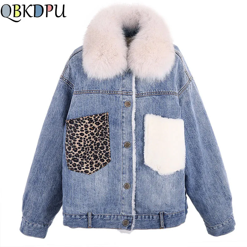low cost  Warm Winter Plus velvet Leopard pocket Women Jean Jacket 2019 Autumn New Female Boyfriend Bomber De