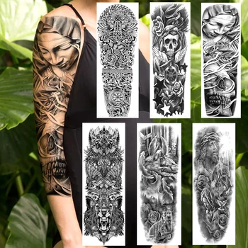 

Black Full Arm Buddha Death Skull Temporary Tattoos Sticker For Men Women Sleeve Body Art Tatoo Fake Tribal Owl Wolf Tatoo Paper