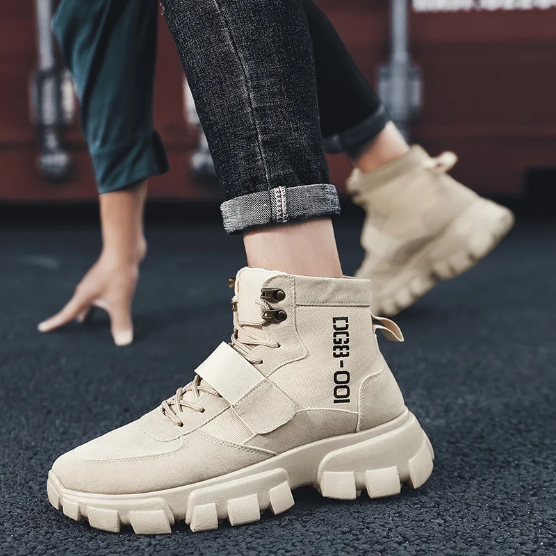 

Martin Boots Men's Hight-top MEN'S SHOES British Style Short Boots Men Mid-top Outdoor Shoes Black And White with Pattern Combat