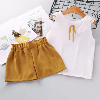 

2020 New Girls Cartoon Solid Vest Shirts Short Pants Set Summer Kid Sleeveless Tops Clothing Sets 2PC Children's Suit Clothes