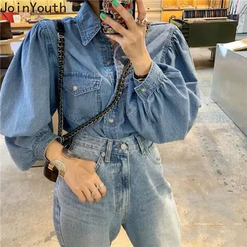 

Joinyouth Turn Down Collar Puff Long Sleeve Jeans Blouse 2020 Spring Korean Causal Shirt Fashion Women Top Demin Blusas 59434