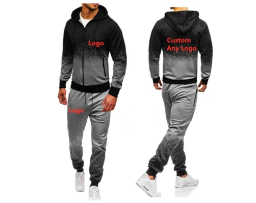 For Men's Design Logo Hoodies Harajuku Man Gradient color Hooded Fleece zipper Jacket Sweatshirt Sweatpants Suit 2pcs