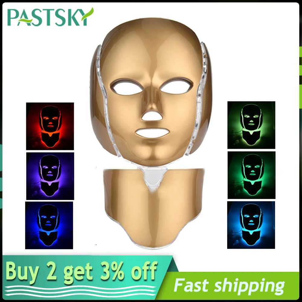 2020 New 7 Colors Photon Electric LED Facial Mask with Neck Skin Rejuvenation Anti Acne Wrinkle Home Beauty Treatment Salon Tool