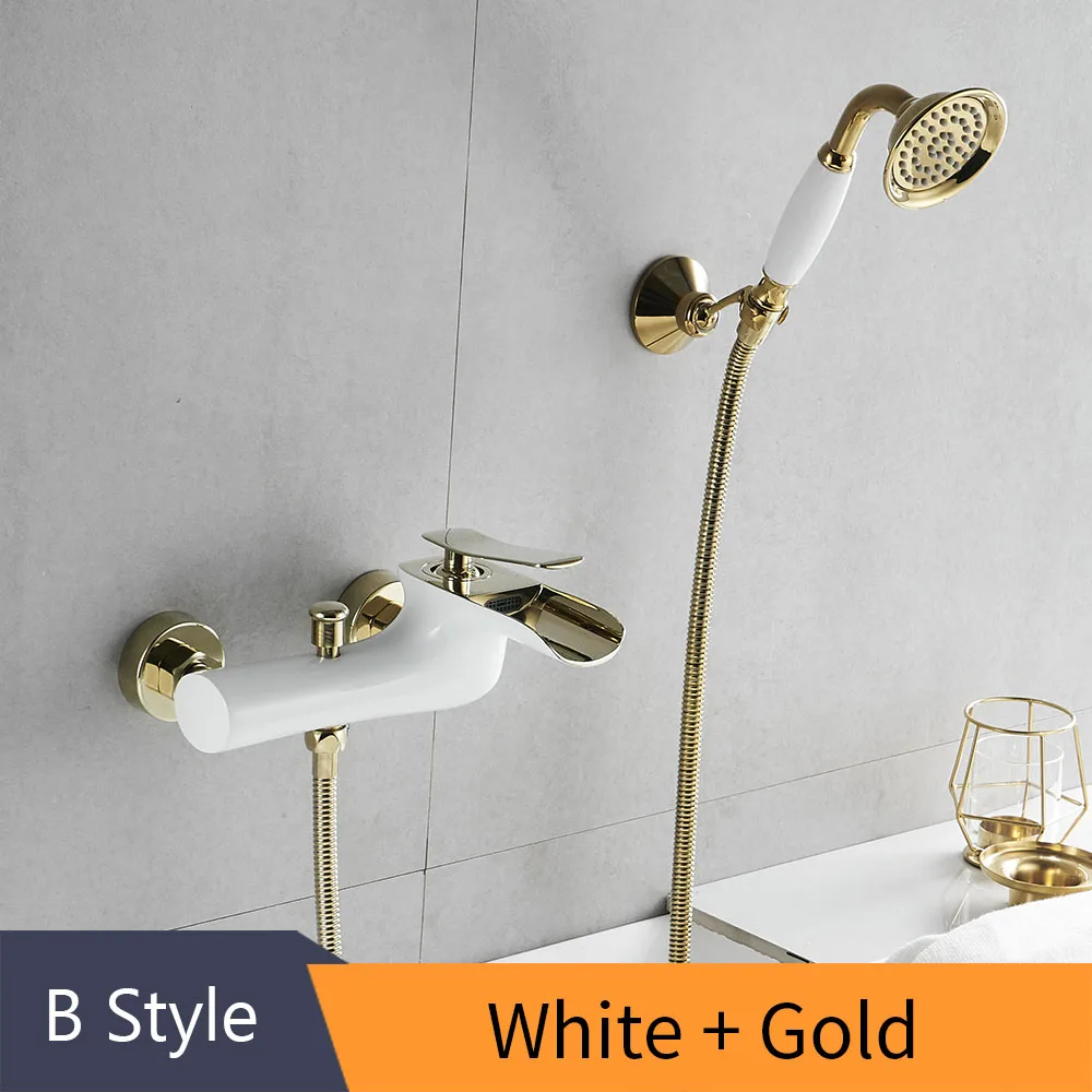 White and Gold Смесители для ванны, хромированный набор для ванны, белый набор для душа, смеситель для ванны, двойной душ, настенный для ванной, WF-6018 - Цвет: White and Gold
