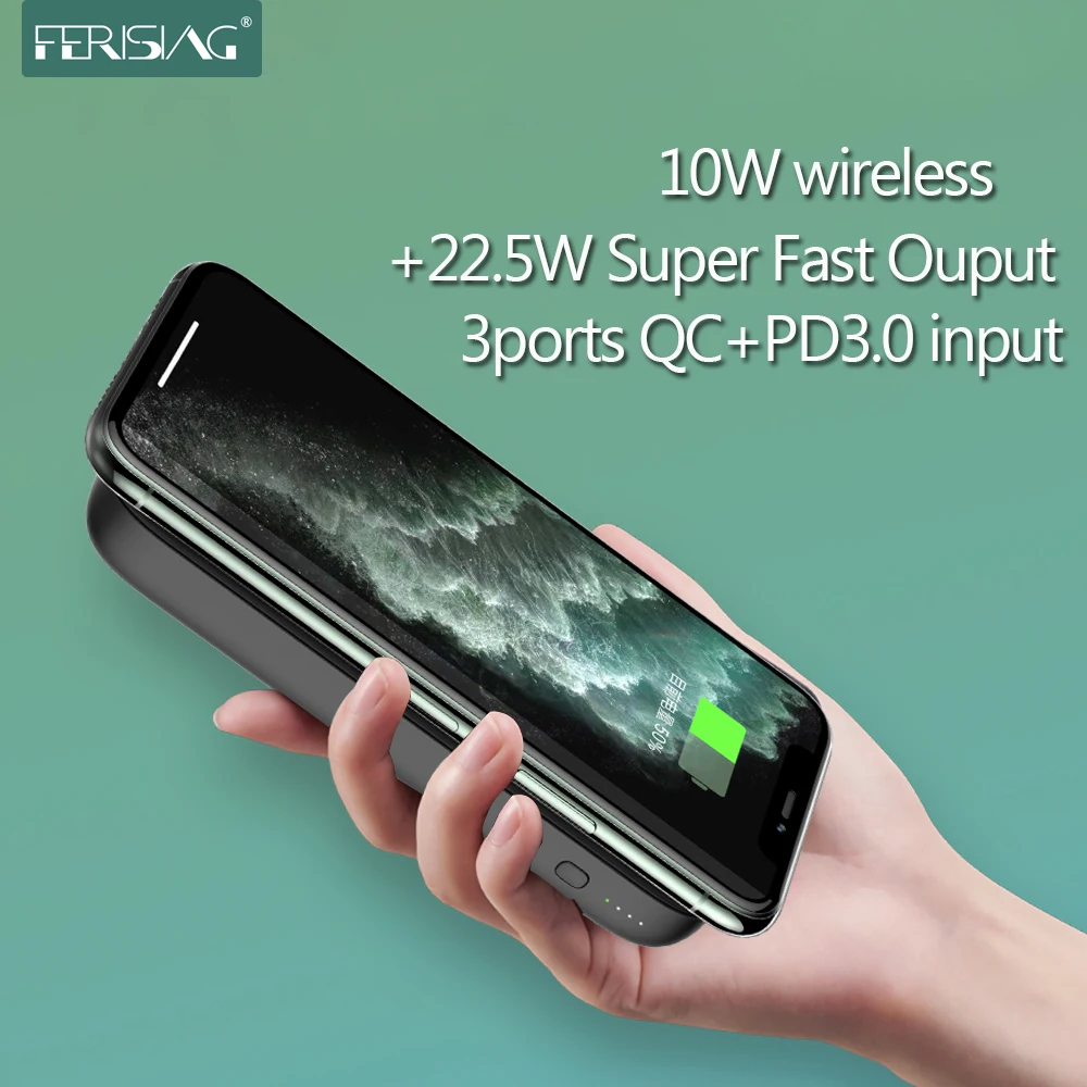 Зарядное устройство FERISING 10 Вт Qi беспроводной 10000 мАч Power Bank зарядное 22 5 W кабель
