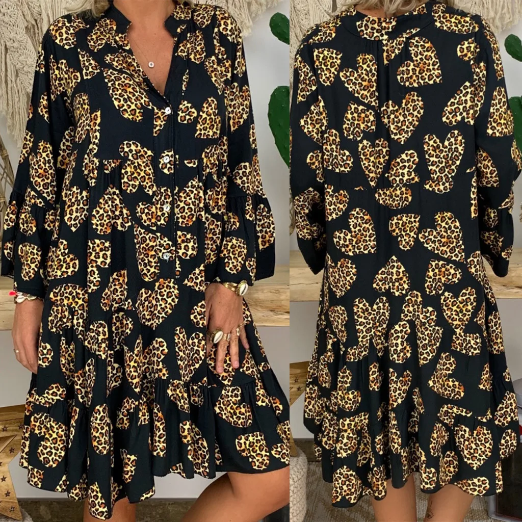 # H30 negro de las mujeres de impresión de talla grande vestido damas de gran tamaño estampado manga larga cuello-V Mini vestido primavera vestido de verano