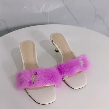 

2020 Hot Selling Personality Slippers Ladies Sexy Women's Shoes Real Mink Fur High Heel Diamond Decoration