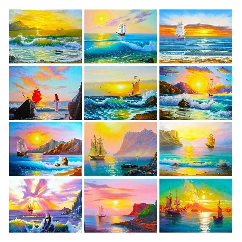 Nautical Sunset Landscape Diamond Embroidery Decor Wave Colorful Diy Painting Full Square Round Rhinestone Mosaic | Дом и сад