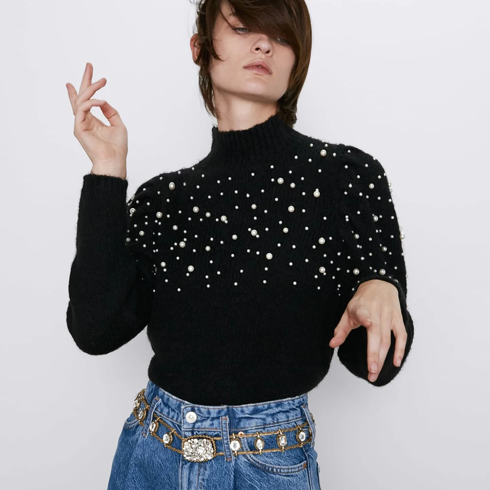 

ZA New Artificial Pearl Jewelry Sweater Standing Collar Long-sleeved Stitching Casual England Wild Tide Ladies Pullover