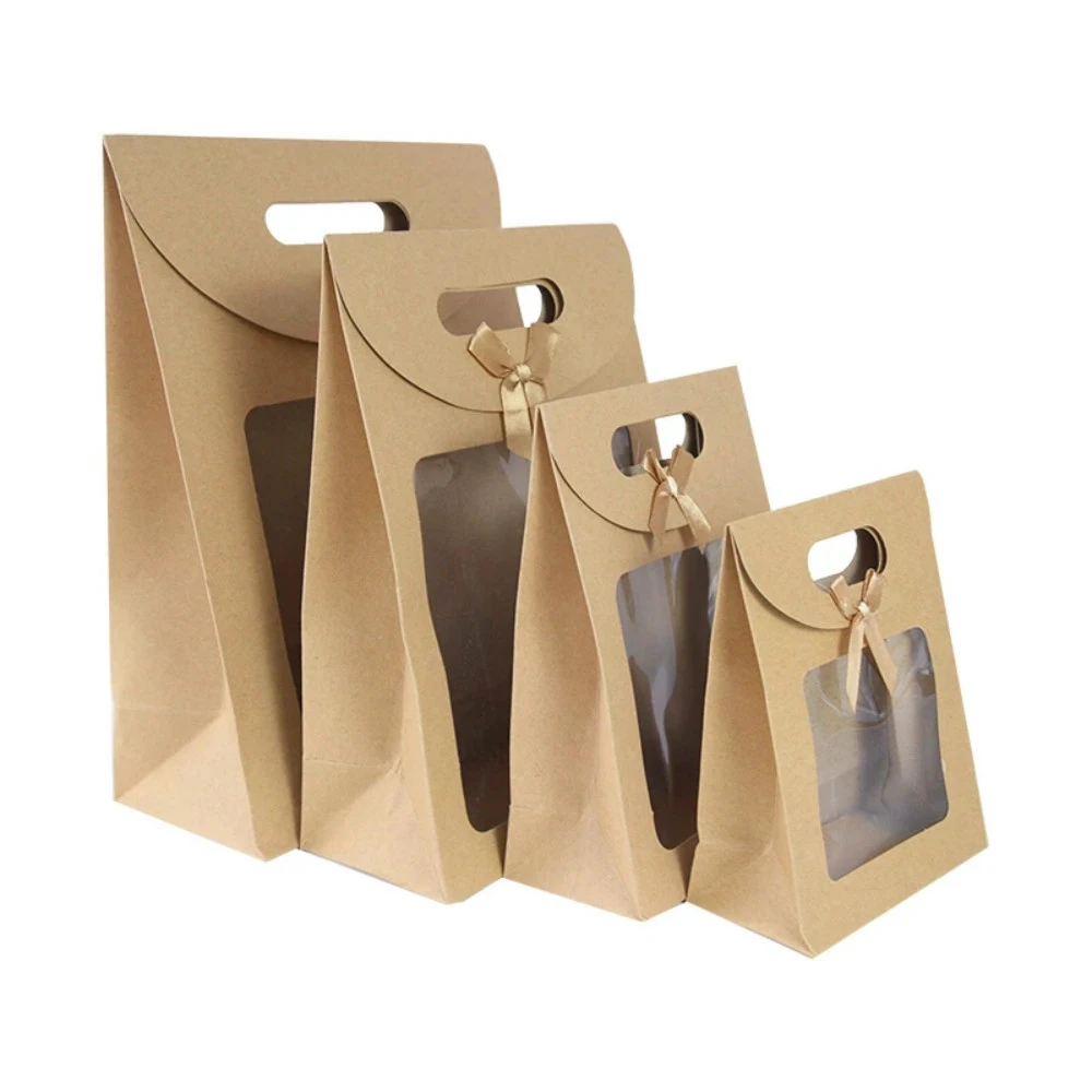 Bolsa de regalo portátil de Papel Kraft de 31/26/20/16cm, bolsa de transparente para embalaje de ventana para negocios pequeños, envoltura para regalo de cumpleaños y Navidad|Envoltorios y bolsas de regalo| -