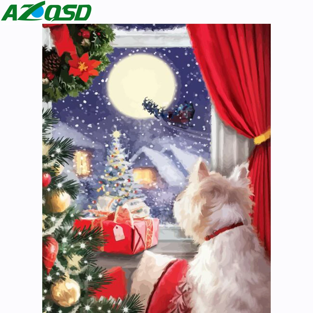 AZQSD Oil Painting By Numbers Christmas Dog Drawing On Canvas Acrylic Paint Unframe Coloring Animal Handmade Gift | Дом и сад
