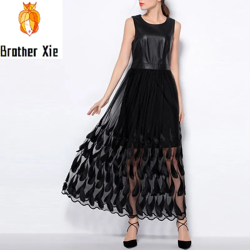 

Sheepskin Genuine Leather Womens High Waist Gauze Dress Lace Patchwork Sleeveelss OL Robe Spring Elegant Fashion Feather Vestido
