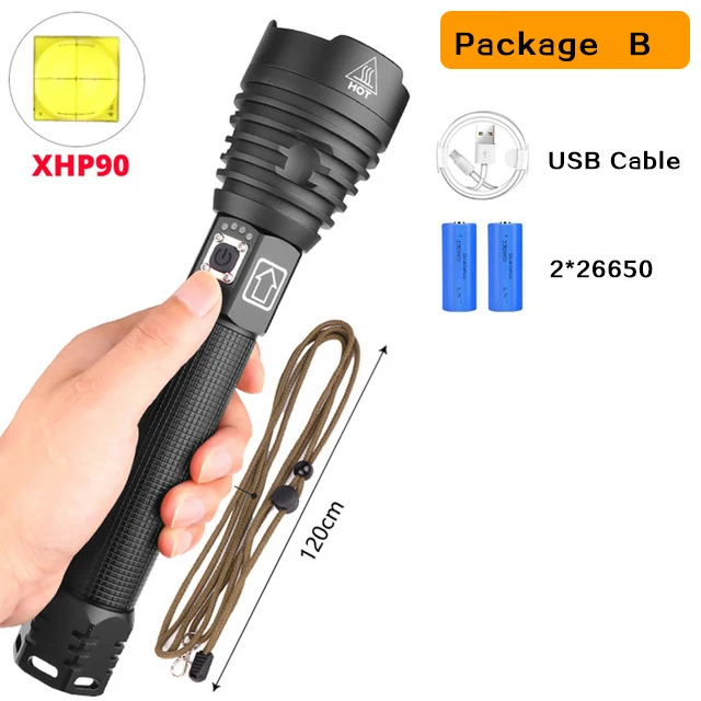 package B Мощный светодиодный фонарик Full XHP90 XHP70.2 с большим диапазоном мощности и дисплеем, фонарь с USB, масштабируемый, 3 режима, 26650, USB, перезаряжаемый большой аккумулятор - Испускаемый цвет: package B
