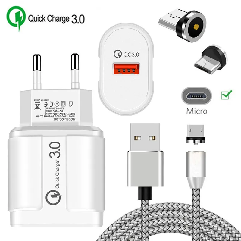 Для samsung galaxy A10 J7 S4 S7 край A3 A5 J3 J5 J7 A6 A7 QC 3,0 быстрое зарядное устройство для телефона& Магнитный Магнит Micro USB кабель - Тип штекера: EU charger and cable