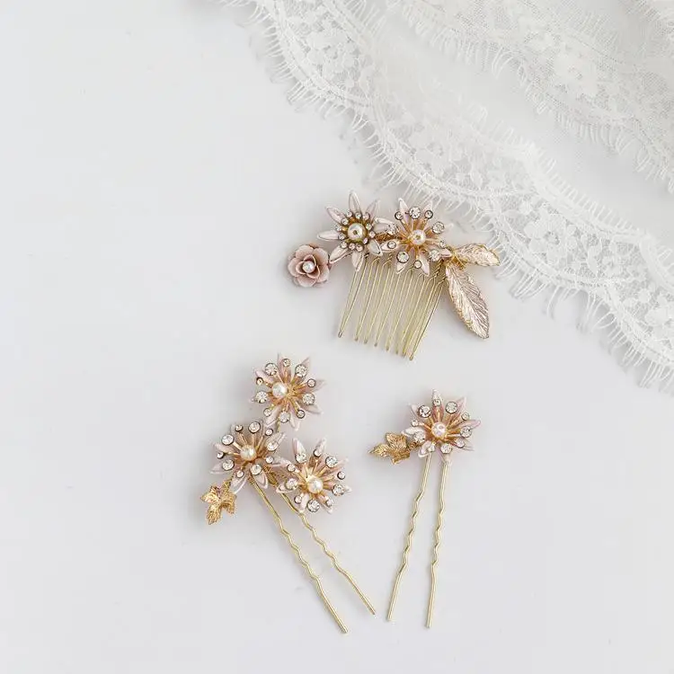 Винтажный со Стразами Шпильки с жемчугом ручной работы цветок заколки для волос в форме листа палочка золотые головные уборы невесты Свадебные аксессуары Свадебные украшения