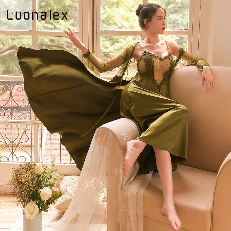 

Luonalex 2020 New Sexy Women Night Gowns Sleep Wear Black Robe Sexy Lace Mesh Stain White Pink Green Sleepwear