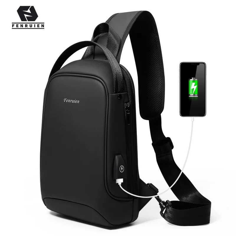 

Fenruien Men Shoulder Bag for 9.7" iPad USB Charging Chest Bag Short Trip Water Repellent Crossbody Bag Black 2020 New
