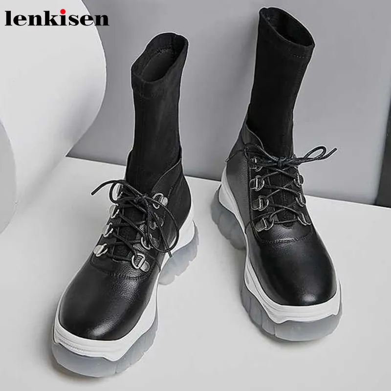 

Lenkisen patchwork genuine leather stretch flock socks boots thick bottom round toe lace up punk rivets women mid-calf boots L55