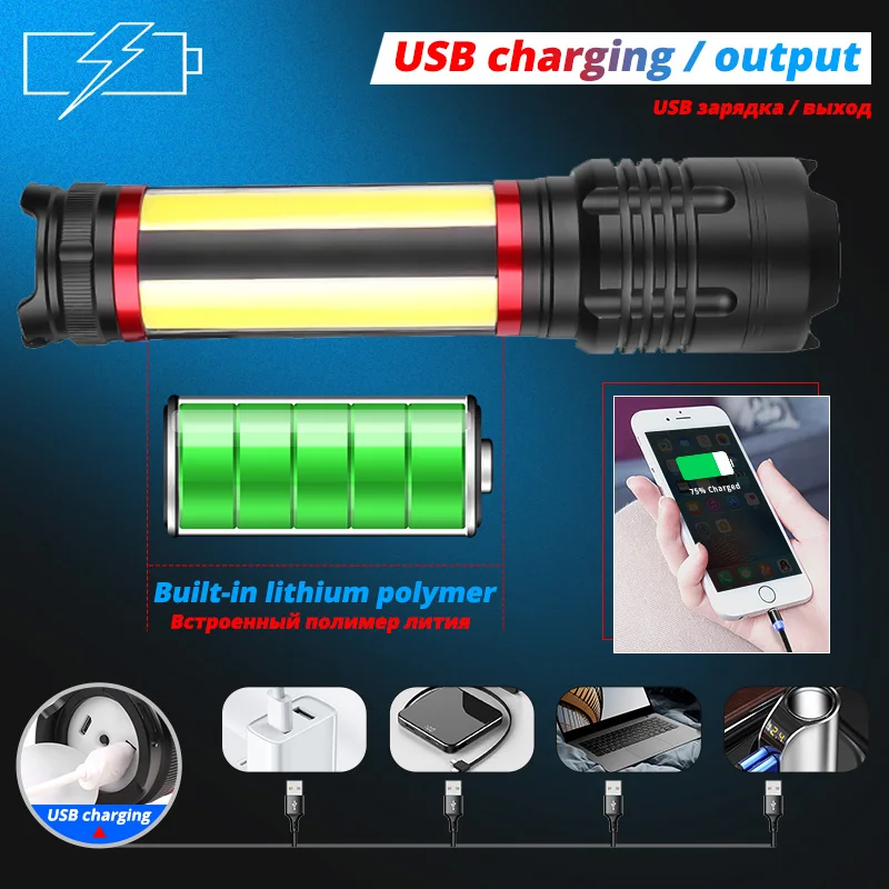 Newest portable Built-in 7200mAh XHP70.2+COB LED Flashlight 7 modes USB Rechargeable Zoom Waterproof Torch Lantern for Camping