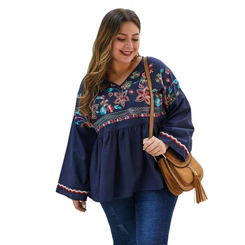 

Spring fashion women's cotton and linen embroidery V-neck T-shirt long-sleeved shirt plus size 1XL-4XL retro wild clothing