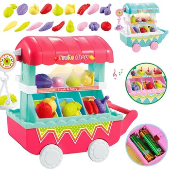 

Funny Shopping Cart Toy Simulation Mini Food Vegetable Fruit Shop Trolley Cart with LED Light Music Pretend Play Groceries Toys