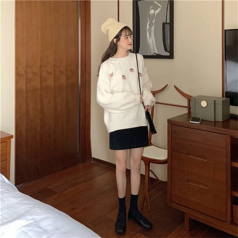 2020 New Autumn Women Korean Sweet O-Neck Pullovers Vintage Preppy Style Loose Long Sleeve Flower Embroidery Puff Sweater | Женская