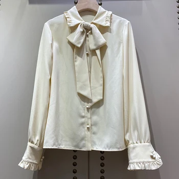 

Elegant White Blouse For Women Fashion Bow Collar Long Sleeve Blouse Tops Autumn Women Blouse