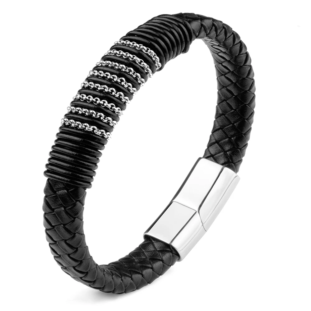 Punk Rock Stainless Steel Leather Bracelet Metal Chain Magnetic Clasp Charm Handmade Braided Simple Accessories For Men | Украшения и