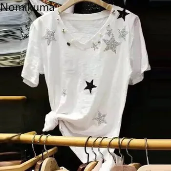

Neploe Short Sleeve V-neck Women Tshirt Beads Sequins Fashion Korean T-shirts 2020 Summer New Femme Top Tees Hot Sale 3Z492