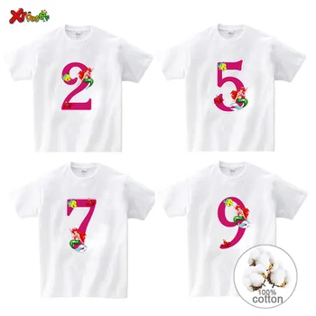 

girls Birthday t shirt Cotton Ariel The Little Mermaid t shirt White T-Shirts princess Number short sleeve kids school t shirts