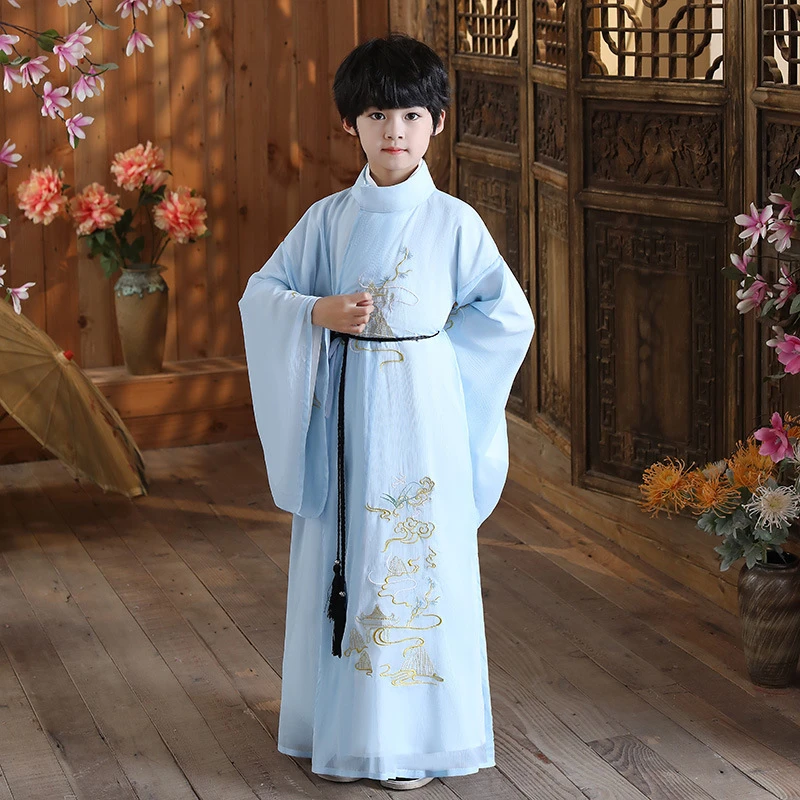 

2021 Dynasty Chinese Style Stage Performance Hanfu Dress Light Blue Embroidery Traditional Clothing For Boy Hanfu
