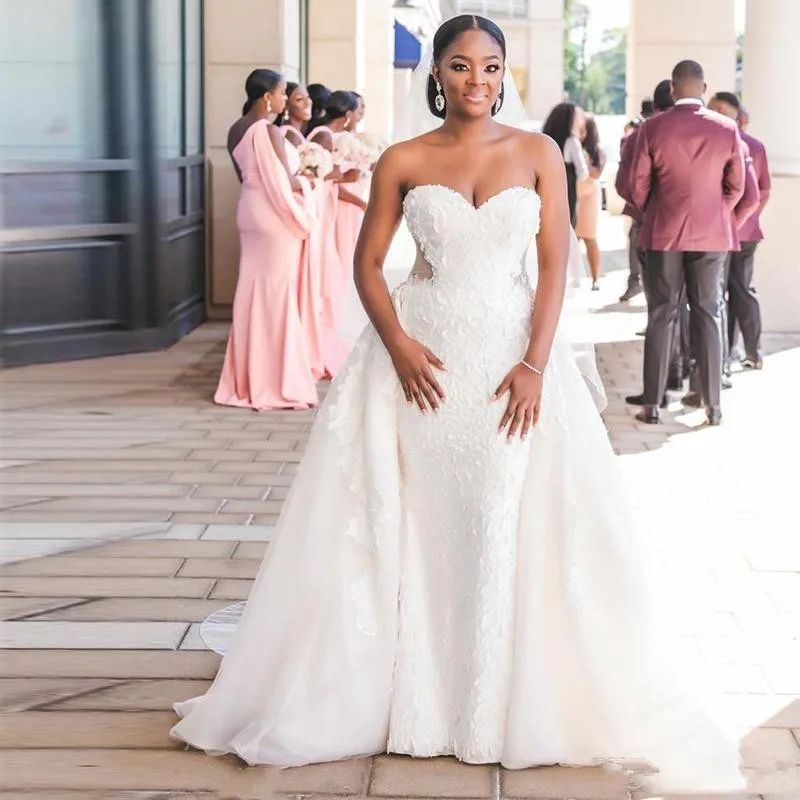 Свадебное платье русалки размера плюс со съемным шлейфом милое кружевное с