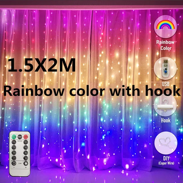 3M Rainbow LED Garland Curtain Lights Fairy String Remote Control USB Christmas Lamp Holiday Decoration For Home Bedroom Window Rainbow 1.5X2M