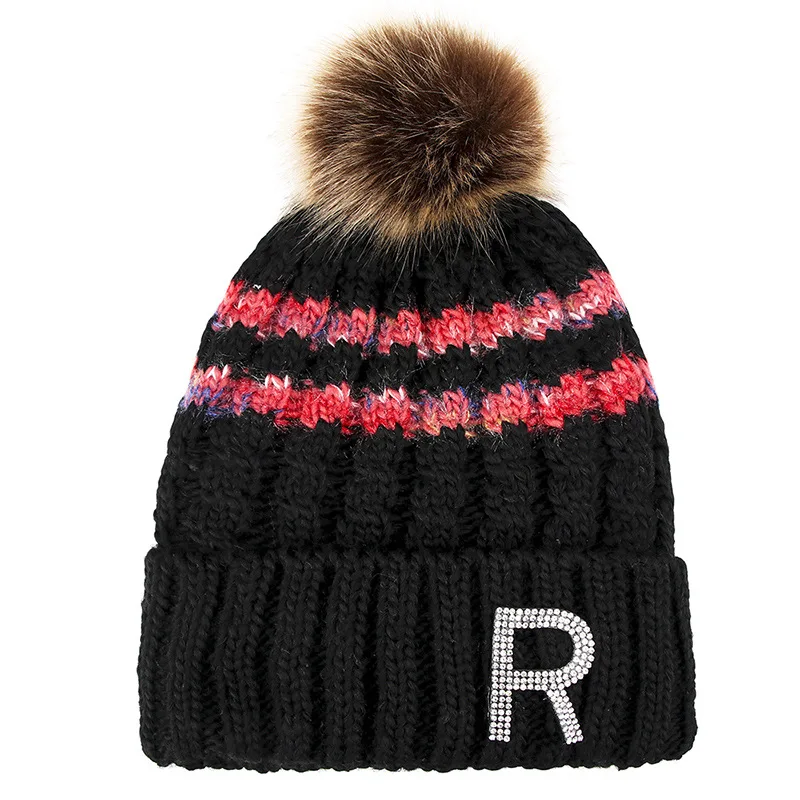 Fashion Striped Letter Winter Warm Hat Women Pompom knitted Beanies Hats Girls Thick Beanie Skullies Hat Snow Hat Bonnet