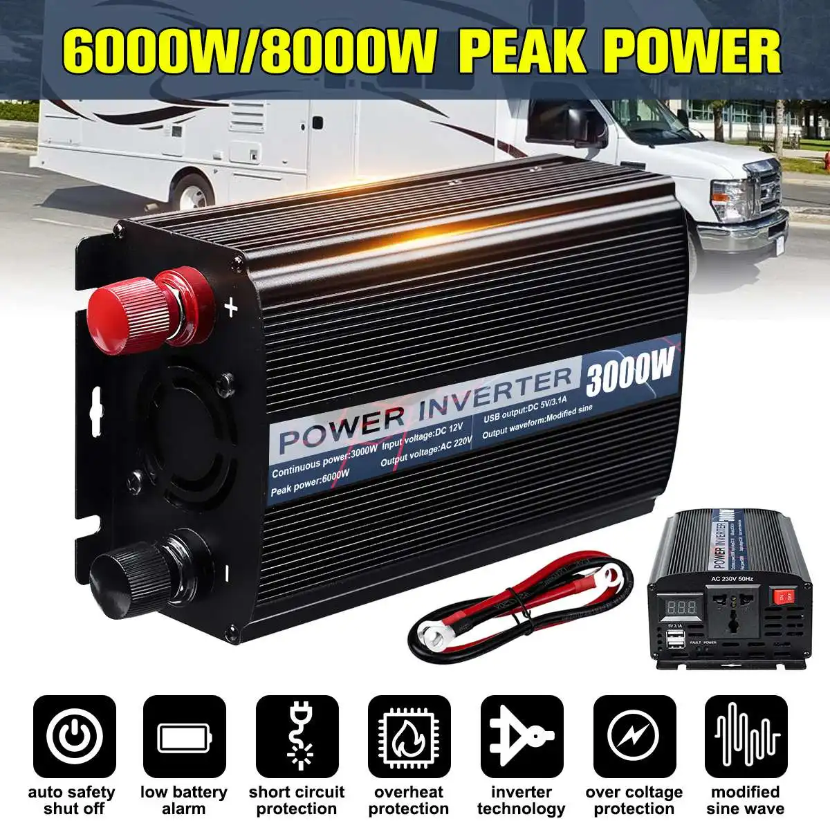Max 6000/8000 Вт DC12V к ac220в двойной USB автомобильный инвертор зарядное устройство конвертер адаптер DC12 к AC220 модифицированный синусоидальный преобразователь