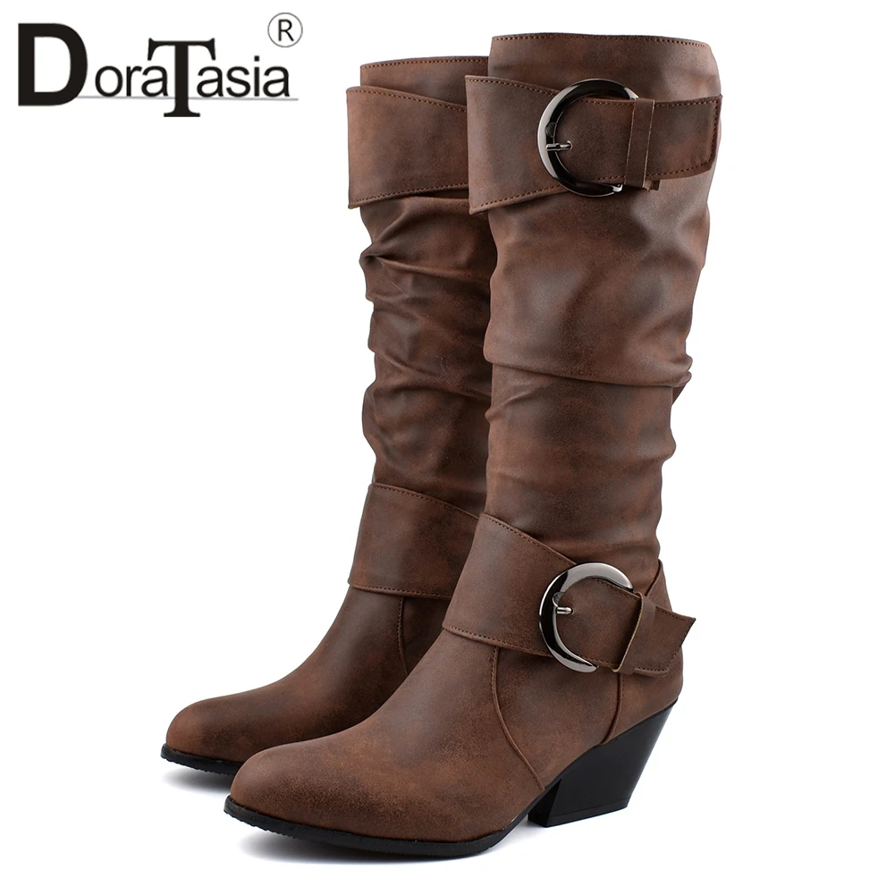 

DORATASIA Brand New Western Boots Women Mid Calf Boots Belt Bukle Shoes Woman Casual Party Winter Autumn Boots Plus Size 34-48