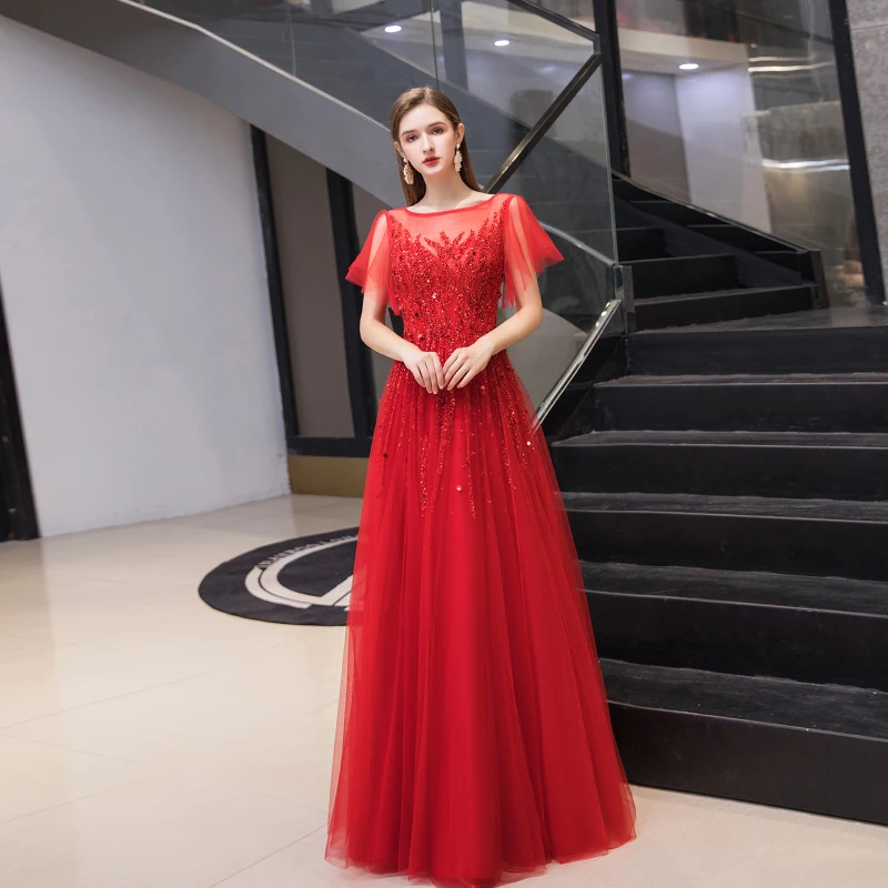 Elegant Gray Evening Dresses with Short Sleeves New Design Beaded Crystals Prom Party Gowns Tulle Floor Length Zipper Back