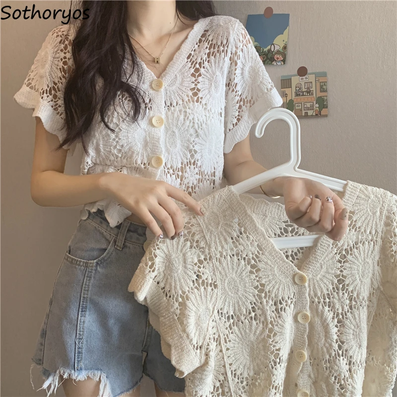 

Women Cardigans Short Sleeve Hook Flower Hollow Stylish Tender Elegant All-match Ulzzang Single Breasted Solid Crop Tops Sweet
