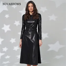 Faux Leather Dresses Women Long Sleeve Slim Fit PU Dress Sashes Belt Zipper Sexy Club Wear New Arrival 2022 Spring Winter