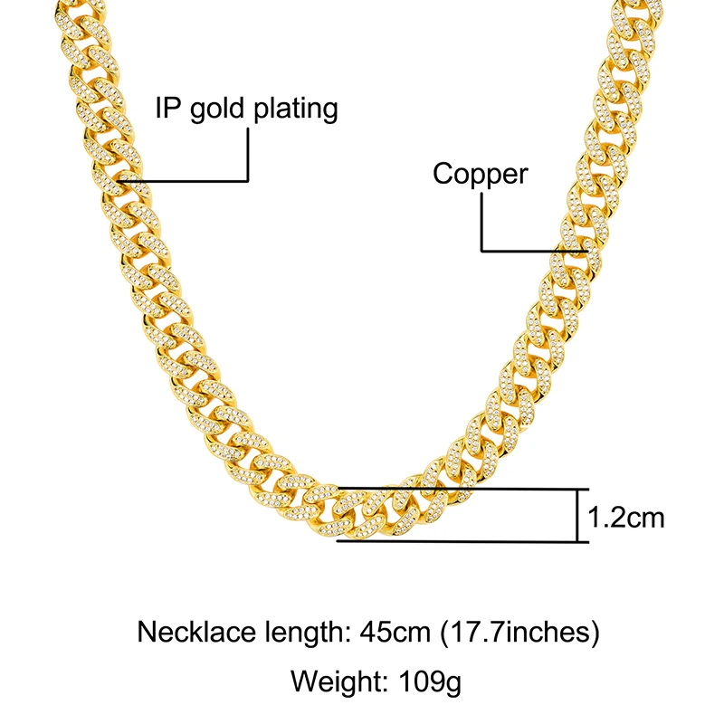 Hip Hop 12MM Full Iced Out AAA Zirconia Copper CZ Cuban Link Chain Necklace For Men Rapper Jewelry Gold Silver Color