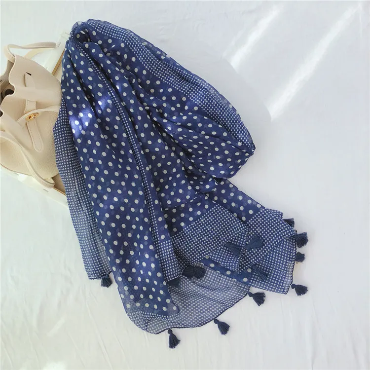 Autumn women patchwork scarf dot printed hijabs wrap girl pashmina thin soft tassels bufanda