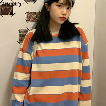 

Hoodies Women O-Neck Striped Pullovers Kawaii Lovely Sweatshirts Harajuku All-match Streetwear Womens Fashion Korean Style Daily
