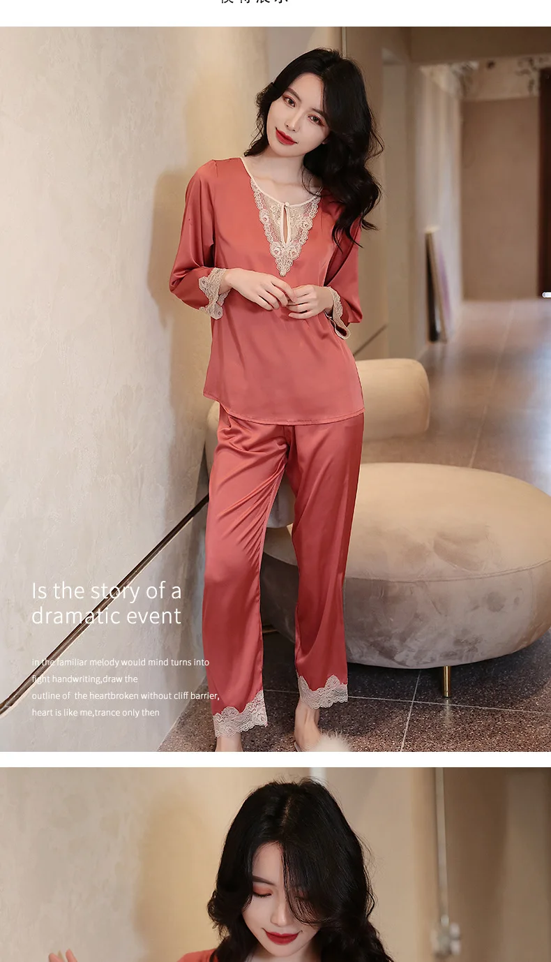 plus size pajamas Pajamas Women Spring New Satin Sleepwear Trouser Suits Sexy Lace Trim Homewear Bathrobe 2 PCS Shirt&Pants O-Neck Home Suit sleep wear