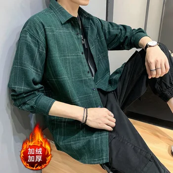 

Men Shirt 2019 Spring and Autumn New Fashion Plaid Loose Shirt Plus Velvet Thick Men's Warm Shirt Clothes